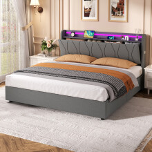(Grey, King) Roomfitters Ottoman Bed Frame Hydraulic Storage Gas Lift LED Headboard USB Type C Ports Pockets No Box Spring Needed