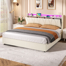 (Beige, King) Roomfitters Ottoman Bed Frame Hydraulic Storage Gas Lift LED Headboard USB Type C Ports Pockets No Box Spring Needed