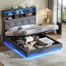 (Double) Roomfitters Storage Bed Frame 2 Drawers Rivet Tufted Headboard USB Type C Ports Adjustable Height Linen Wooden Slats