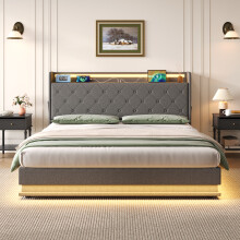 (Grey, King) Roomfitters Ottoman Bed Frame Hydraulic Storage Gas Lift Button Tufted Headboard RGB LED USB Type C Pockets Slats Linen