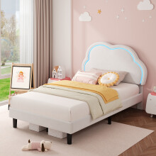 (Cream White, Single) Roomfitters Velvet Upholstered Bed Frame with LED Cute Cloud Headboard, Solid Wood Slat Platform Bed Base