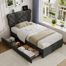 (Grey) Roomfitters Storage Bed Frame 2 Drawers Rivet Tufted Headboard USB Type C Ports Adjustable Height Linen Wooden Slats