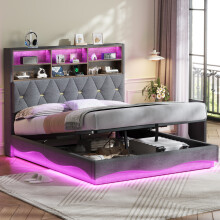 (King) Roomfitters Storage Bed Frame 2 Drawers Rivet Tufted Headboard USB Type C Ports Adjustable Height Linen Wooden Slats