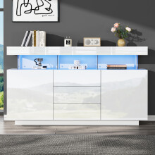 Roomfitters 140cm High Gloss Sideboard App RGB LED Acrylic Shelves 3 Drawers 2 Doors Cupboard Buffet Storage Cabinet Living Room Desk, White