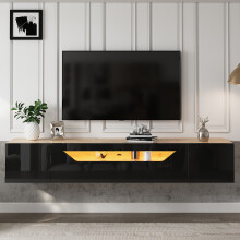 Roomfitters 180cm Floating TV Stand High Gloss App LED Pull Down Door Wall Mounted Media Console Unit for 75 Inch TVs, Black and Wood