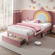 Roomfitters 3ft Single Upholstered Bed Frame Adjustable Rainbow Headboard Crown Storage Drawer Underbed Wooden Slats No Box Spring, Pink