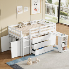 Roomfitters 3ft Single Wooden Mid Sleeper Cabin Bed Frame Pull Out Desk 3 Drawers Cabinet Shelves Safety Guardrail Slats Furniture, White