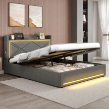 Roomfitters 5ft King Size Ottoman Bed Frame Hydraulic Storage Gas Lift Geometric Headboard RGB LED USB Type C Side Pockets No Springs, Grey
