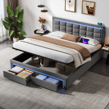 Roomfitters 4ft6 Double Size Ottoman Bed Frame Hydraulic Storage 2 Drawers Button Tufted Headboard App RGB LED Lights USB Type C Outlets, Grey
