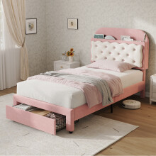 Roomfitters 3ft Single Upholstered Bed Frame Biscuit Storage Headboard Bed End Drawer Adjustable Height Slats Furniture, Pink and Cream