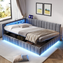 Roomfitters 4ft6 Double Ottoman Bed Frame Side Hydraulic Storage Channel Tufted Headboard App RGB LED Lights USB Type C Outlets Slats, Grey