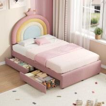 Roomfitters 3ft Single Upholstered Bed Frame Adjustable Rainbow Crown Headboard 2 Flexible Storage Drawers Wooden Slats No Box Spring, Pink