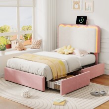 Roomfitters 3ft Single Upholstered Bed Frame Adjustable Wavy LED Headboard 2 Storage Drawers App RGB Lights Slats, Pink and Cream White