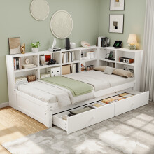 Roomfitters 3ft Single Daybed Frame Pull Out Trundle 2 Storage Drawers Bookcase Headboard Charging Station Slats Furniture, White