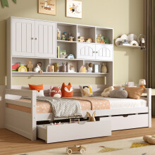 Roomfitters 3ft Single Wooden Storage Bed Frame 2 Drawers Bookcase Headboard Display Cupboard Guardrail Slats Furniture, White