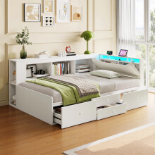 Roomfitters 3ft Single Tatami Storage Bed Frame 4 Drawers Lift-Up Base Linen LED Headboard Charging Station Bookshelf Compartment, White