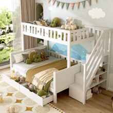 Roomfitters Wooden Bunk Bed Frame Star Moon Motifs Two Drawers Stairway Storage Side Hidden Compartments Safety Guardrails Slats, White