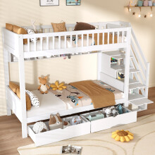 Roomfitters 3ft Single Loft Bed Frame Under Bed Drawers Stairway Storage Shelving Hidden Lockers Safety Guardrails Wooden Slats, White