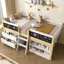 Roomfitters 3ft Single Wooden Low Loft Bed Frame 2 Blackboards Drawers Storage Shelves 2-Step Stairs Safety Guardrails Slats, White