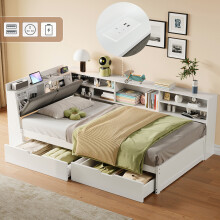 Roomfitters 3ft Single Wooden Daybed Frame L-Shape 2 Storage Drawers Bookcase Linen Concealed Headboard Charging Station Slats, White
