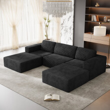 Corduroy Modular Sofa | Cloud-style Sectional 3 Seater Sofa with 2 Footstools Set Fluffy Memory Foam Cushions