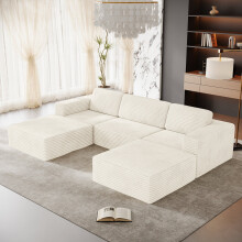 Corduroy Modular Sofa | Cloud-style Sectional 3 Seater Sofa with 2 Footstools Set Fluffy Memory Foam Cushions