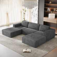 Corduroy Modular Sofa | Cloud-style Sectional 3 Seater Sofa Set with 2 Footstools Fluffy Memory Foam Cushions