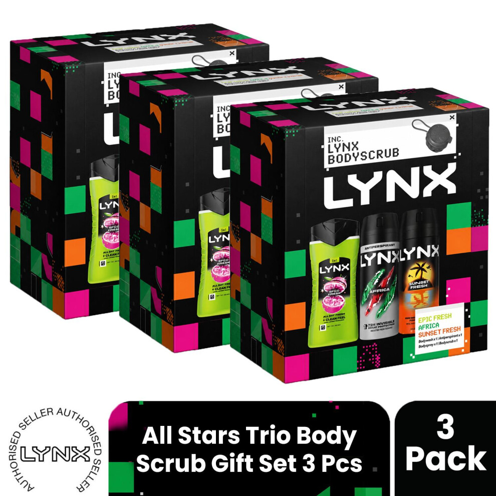 Lynx (Pack Of 3) All Stars Trio & Body Scrub Gift Set 3 Piece, Choose Your Pack Size 1,2,3 Or 4