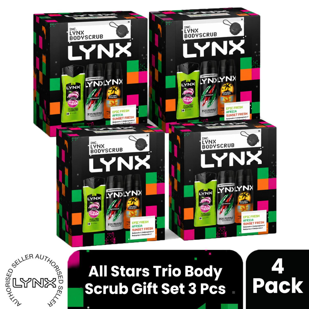 Lynx (Pack Of 4) All Stars Trio & Body Scrub Gift Set 3 Piece, Choose Your Pack Size 1,2,3 Or 4