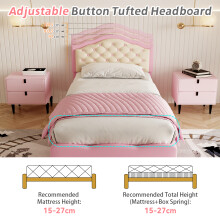 Roomfitters 3ft Single Upholstered Bed Frame with Adjustable Button Tufted Headboard, Faux PU Leather Platform Bed with Wooden Slats, Pink and Beige