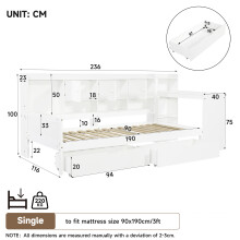 Roomfitters 3ft Single Wooden Daybed Frame Integrated Desk 2 Storage Drawers Bookcase Headboard Charging Station Slats Base, White