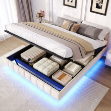 (Beige) Roomfitters 4ft6 Ottoman Bed Frame No Headboard Hydraulic Storage Channel Tufted Linen Side Pockets Wooden Slats Base