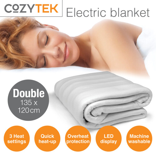 (Double 135x120cm) Cozytek Electric Blanket Polyester Underblanket 3 Heat Settings White 1