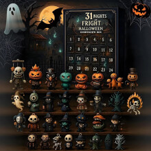 Halloween-joulukalenteri 2026, Halloween-lähtölaskentarasia hahmoineen, pelottavia nukkeja, keräilykauhuhahmoja, roikku