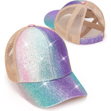Glitzernde Baseballkappe für Mädchen, Mütze mit gekreuzten Trägern, Trucker-Cap mit hohem Dutt und
