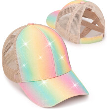 Glitzernde Baseballkappe für Mädchen, Mütze mit gekreuzten Trägern, Trucker-Cap mit hohem Dutt und