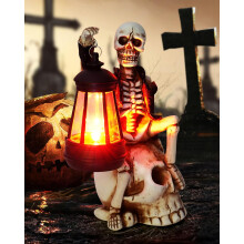 2025 Solar Halloween Decorations Outdoor,Skeleton Figurine Halloween Table Decoration for Outdoor,Skull Statue with Red LED Lantern,Skull Decor for P