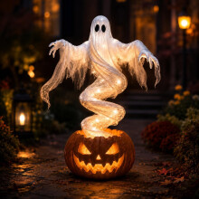 Pyörivä aavekurpitsapihalamppu, aavemainen halloween-ulkokoriste, valaistu puutarhapaalu, vintage-muotoilu, ainutlaatui