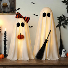 Halloween-koristeet sisätiloihin, 2 kpl valaistuja aavekoristeita ja luutakurpitsaa_syntymäpäivälahja