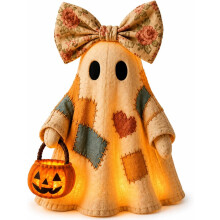Verlichte Halloween-spookdecoratie, patchwork pompoenlamp van hars met bloemenstrik_Verjaardagscade