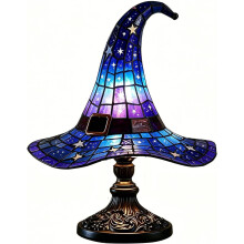 Heksenhoedlamp van glas-in-lood, Heksenlamp van glas-in-lood, Halloweenlampen, Vintage Halloween ta