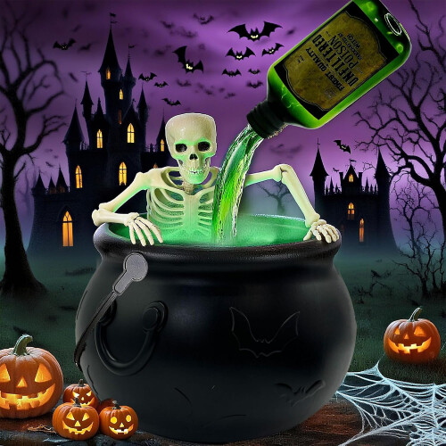 Halloween Decorations Indoor, Decoration Halloween Cauldron Interieur with Magic Floating Potion Bottles, Diffuser, Fog Maker, Skeleton Witches Cauld