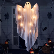 Halloween-riippuva valohaamu aaveella, jossa on lämmin valkoinen LED-valo, 47 tuuman valkoiset riippuvat haamut, Hallow