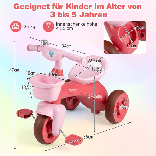 Dreirad für Kleinkinder mit eingeschränkter Lenkung, rosa, ergonomischer Sitz