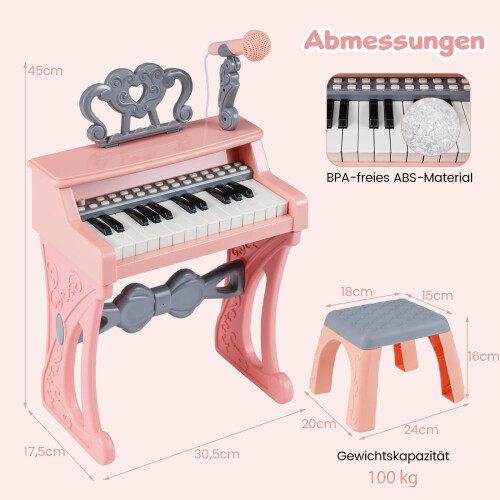 Pinkes Kinderkeyboard mit 25 Tasten, Hocker und Mikrofon