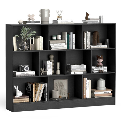 Bücherregal mit 10 Fächern, freistehend, 3 Ebenen, schwarz 1