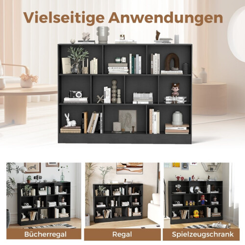Bücherregal mit 10 Fächern, freistehend, 3 Ebenen, schwarz 2