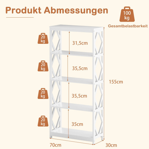 Offenes Bücherregal mit 5 Ebenen, weißes MDF, Rhombus Design