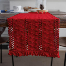 (Red, 33*240cm) Macrame Style Table Runner with Short Tassels Rustic Table Runner Bohemian Fabric Home Decor-1pcs