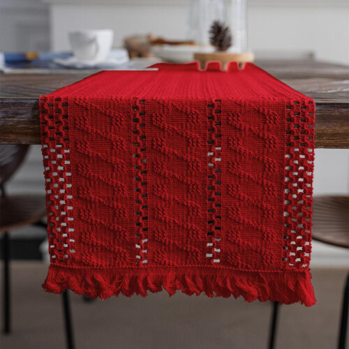 (Red, 33*450cm) Macrame Style Table Runner with Short Tassels Rustic Table Runner Bohemian Fabric Home Decor-1pcs